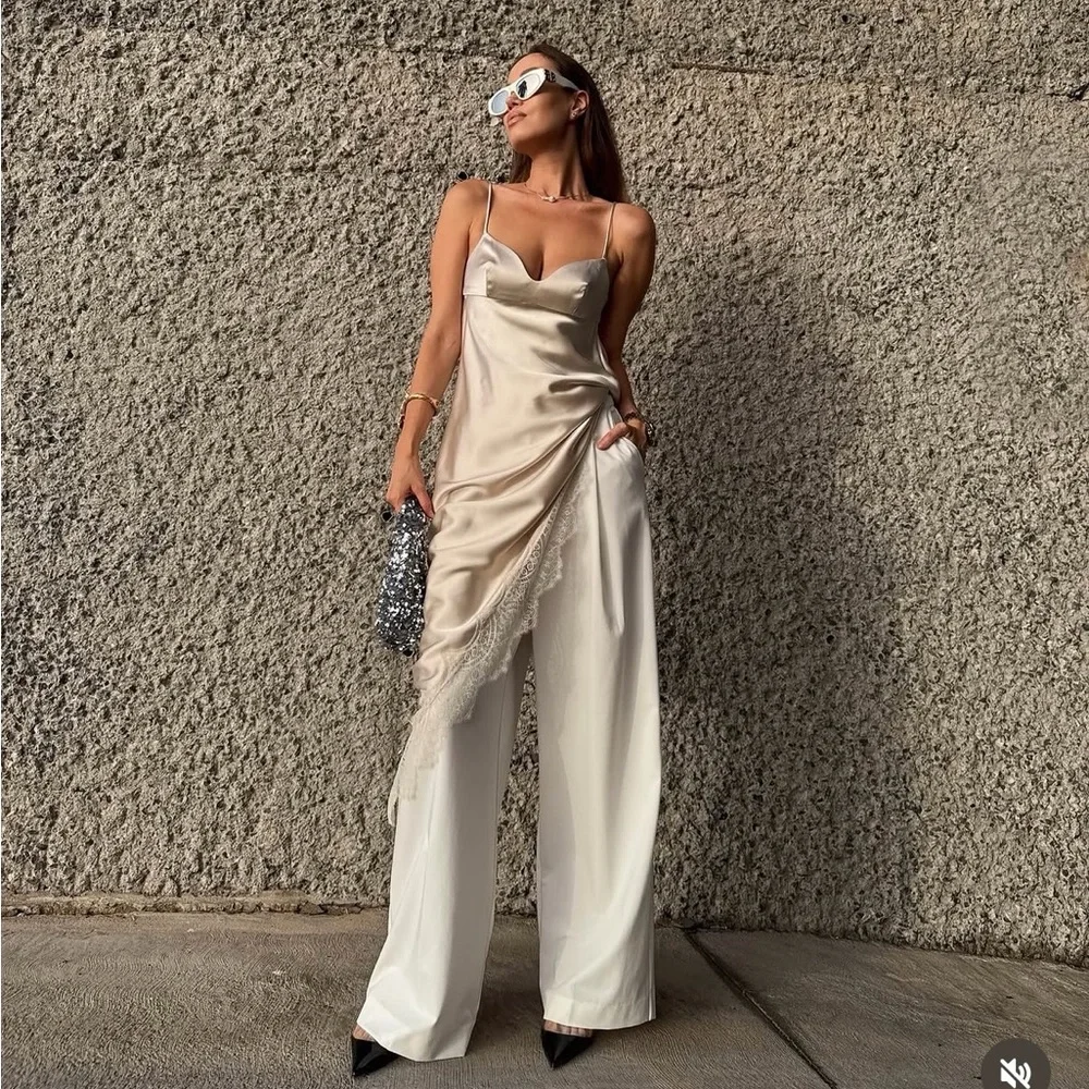 Zara Satin Lace Trimmed Slip Dress in Champagne and Ivory - Picture 3 of 10